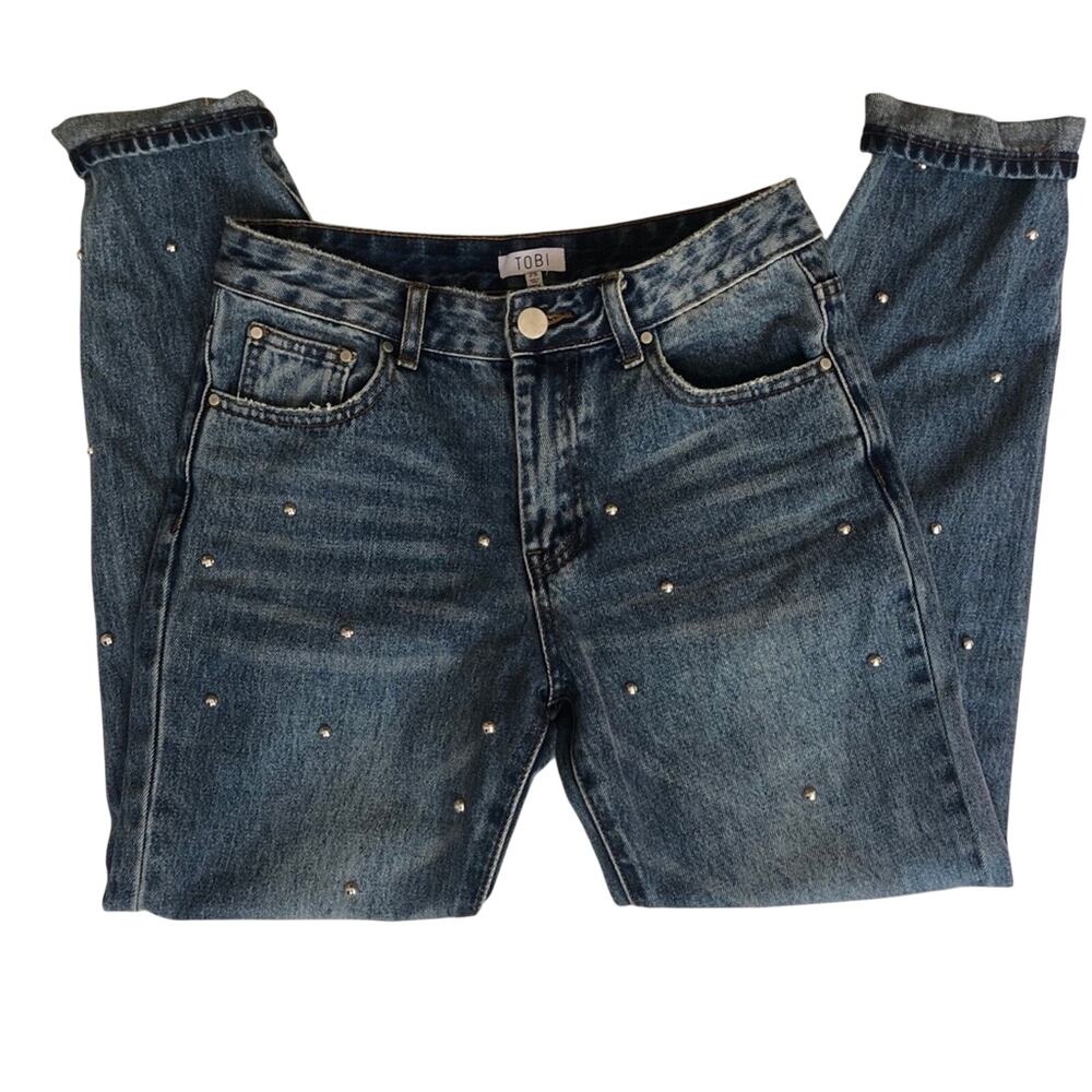 Tobi Studded High Rise Mom Jeans Womens 25 Blue Denim Zip Fly Classic Silver